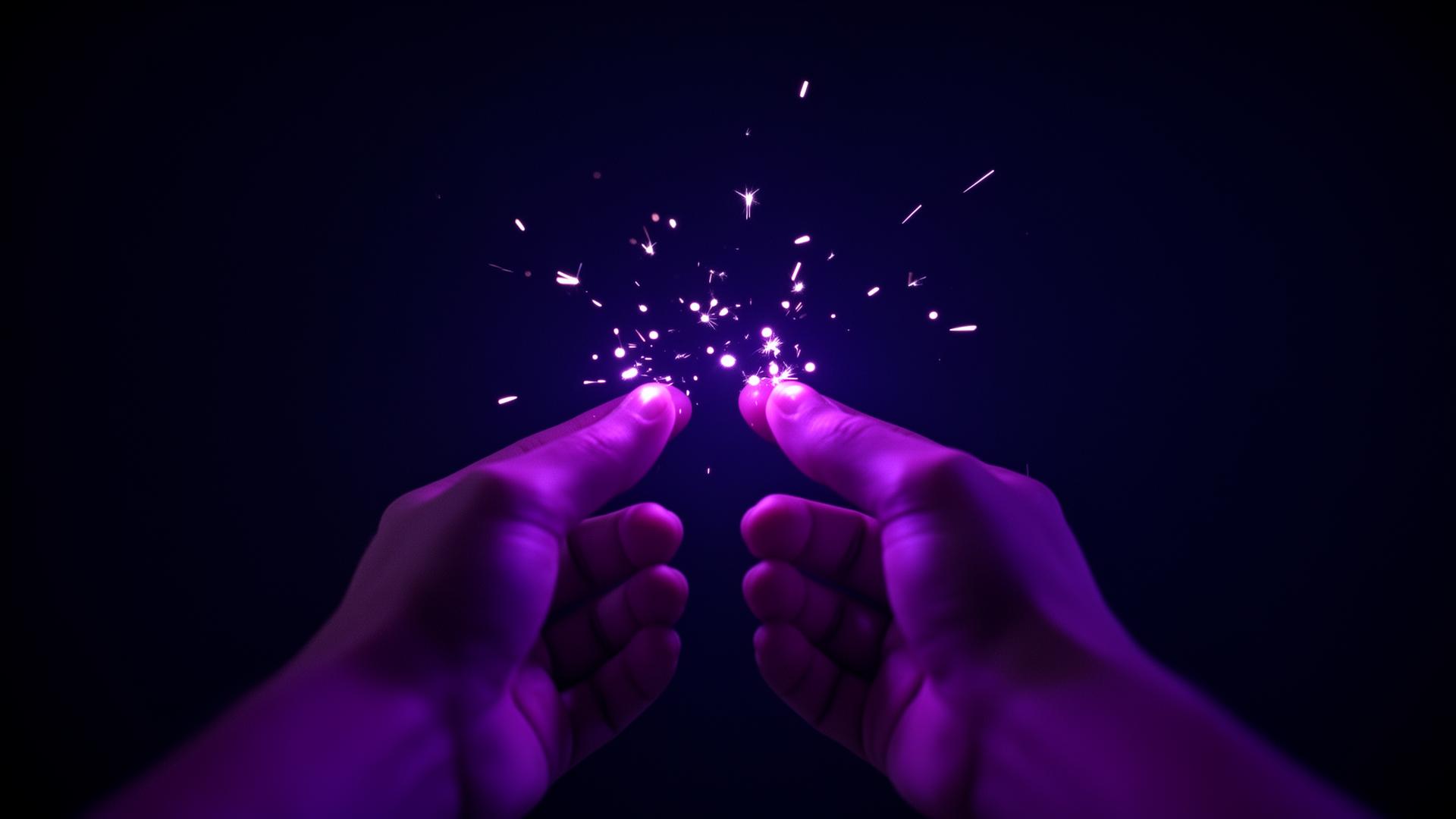 Two hands almost touching with tiny purple sparks between them