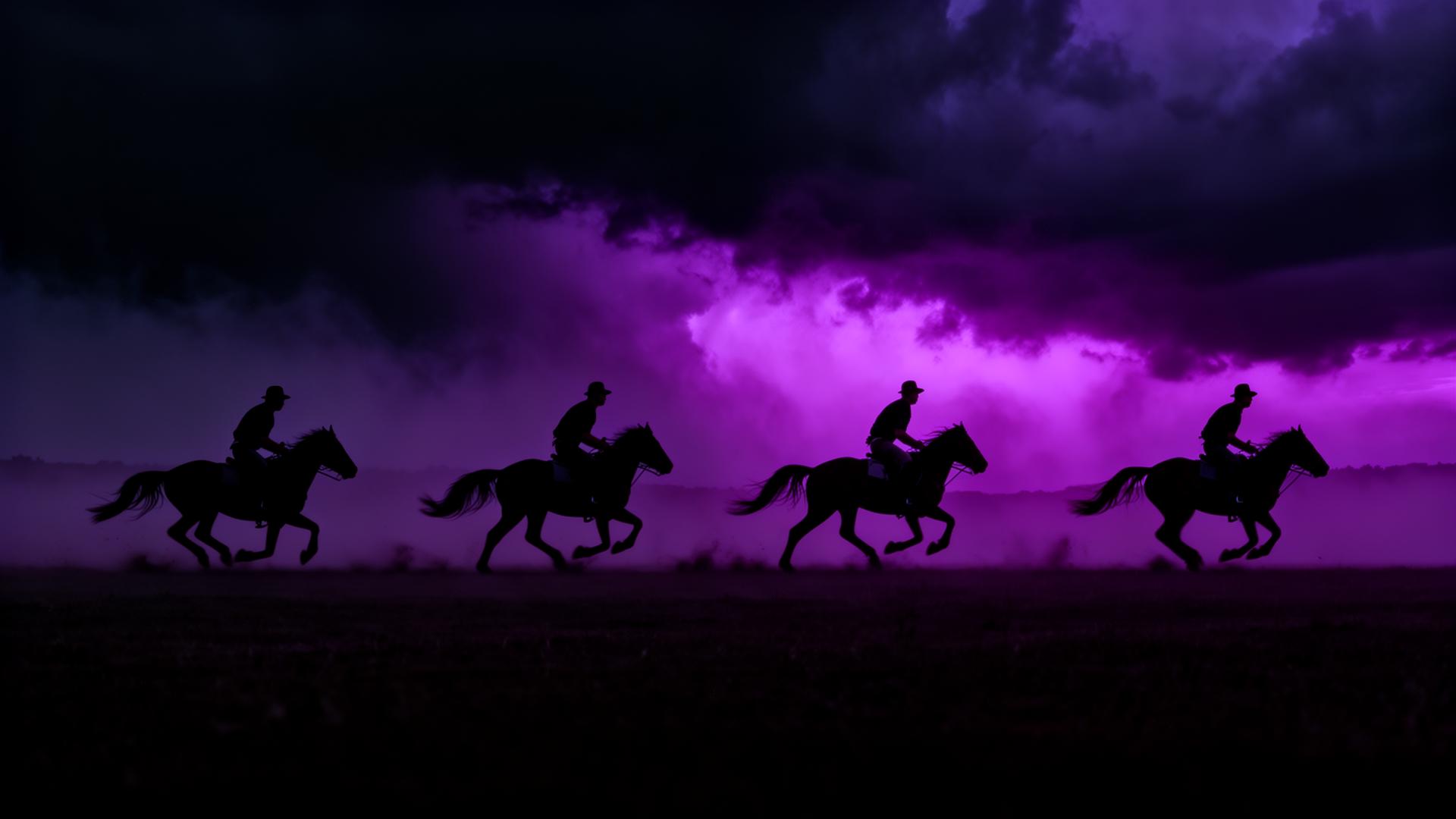 Four silhouetted horsemen riding under a stormy purple sky